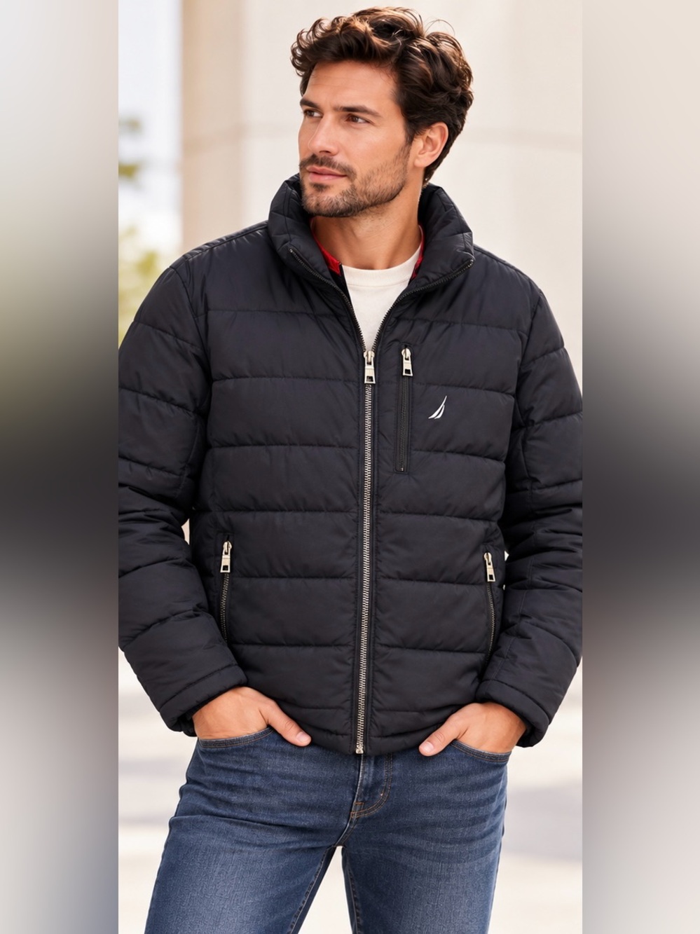 Nautica Blue Quilted Puffer Jacket with Silver Zippers